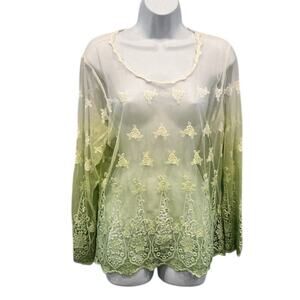 Womens Lace Fairy Top Size Large Green Crochet Floral Forest Mesh Sheer Shirt
